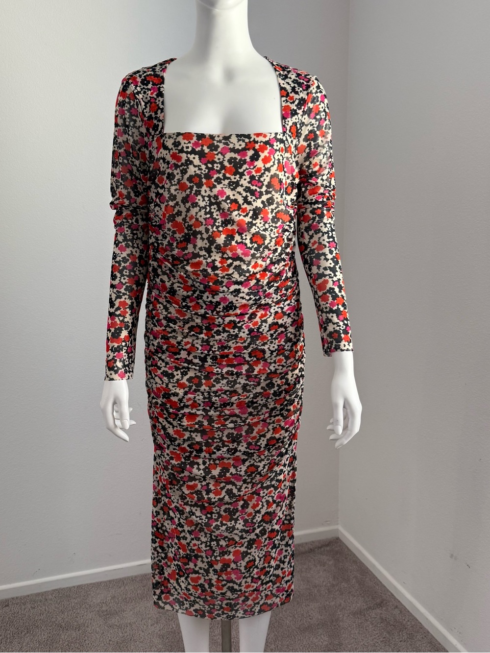 Tommy Hilfiger Floral Square-Neck Long-Sleeve Midi Dress - Pink/Black/White